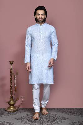 Sky blue printed cotton kurta pajama 1