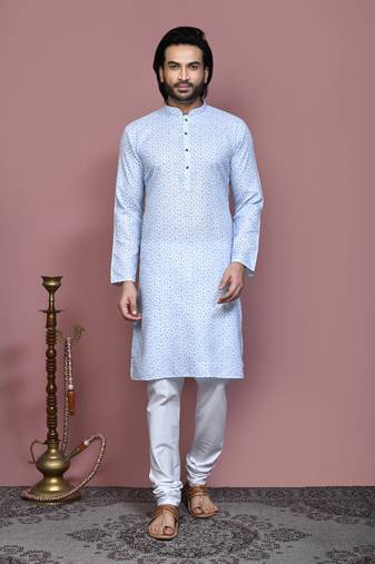Sky blue printed cotton kurta pajama