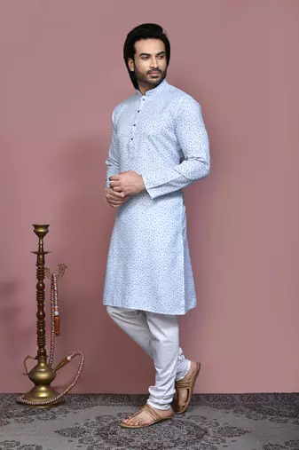 Sky blue printed cotton kurta pajama