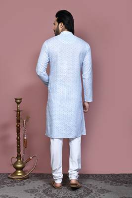 Sky blue printed cotton kurta pajama 3
