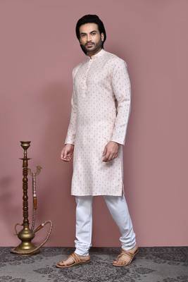 Beige printed cotton kurta pajama 2