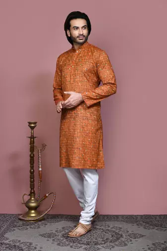 Brown printed cotton kurta pajama