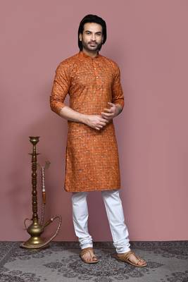 Brown printed cotton kurta pajama 4