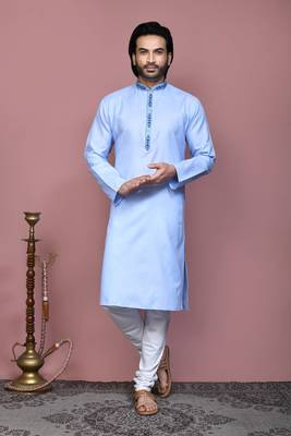 Sky blue embroidered cotton kurta pajama 1