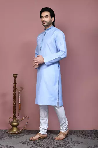 Sky blue embroidered cotton kurta pajama