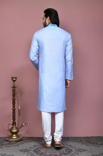 Sky blue embroidered cotton kurta pajama
