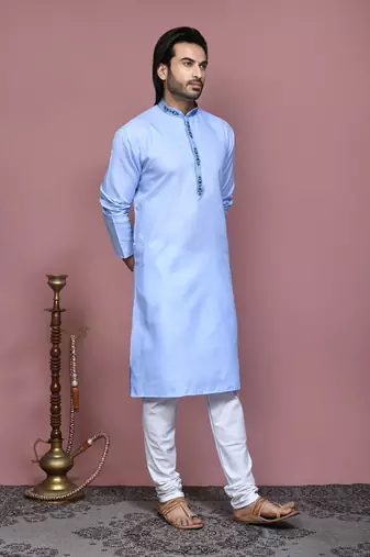 Sky blue embroidered cotton kurta pajama