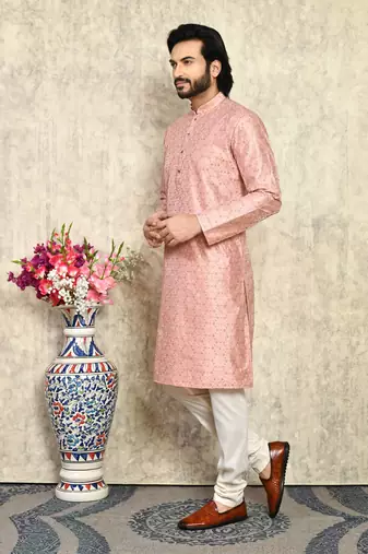 Rust plain art silk kurta pajama