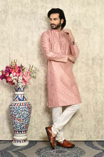 Rust plain art silk kurta pajama