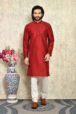 Maroon plain art silk kurta pajama 1