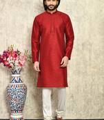 Maroon plain art silk kurta pajama