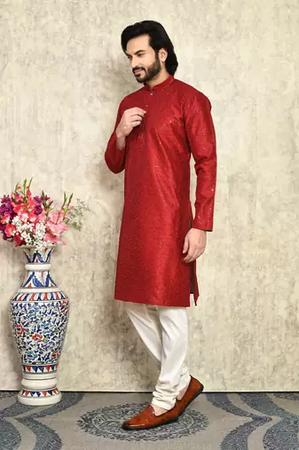 Maroon plain art silk kurta pajama