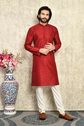 Maroon plain art silk kurta pajama