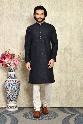 Navy Blue plain art silk kurta pajama
