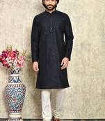 Navy Blue plain art silk kurta pajama