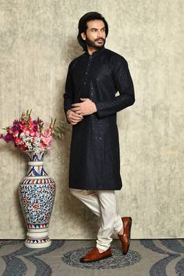 Navy Blue plain art silk kurta pajama 2