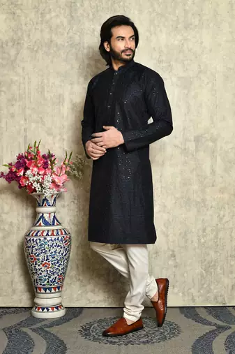 Navy Blue plain art silk kurta pajama