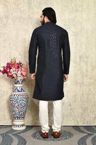Navy Blue plain art silk kurta pajama