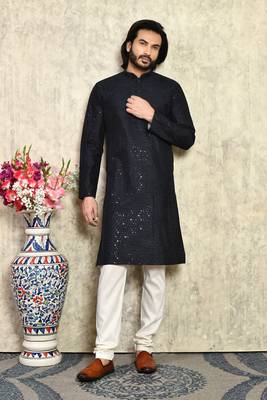Navy Blue plain art silk kurta pajama 4