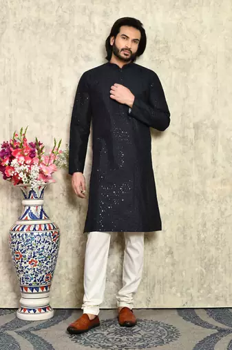 Navy Blue plain art silk kurta pajama