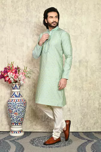 Pista embroidered art silk kurta pajama