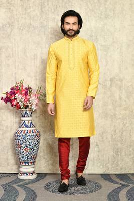 Yellow embroidered art silk kurta pajama 1