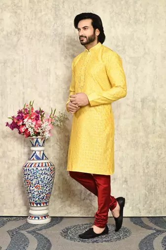 Yellow embroidered art silk kurta pajama