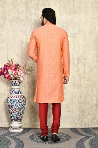 Rust embroidered art silk kurta pajama