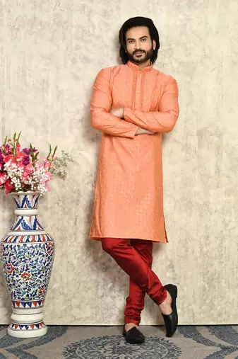 Rust embroidered art silk kurta pajama