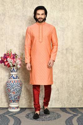 Rust embroidered art silk kurta pajama 1