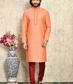 Rust embroidered art silk kurta pajama