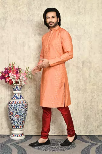 Rust embroidered art silk kurta pajama