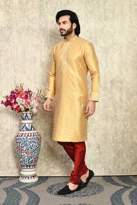 Gold embroidered art silk kurta pajama 2