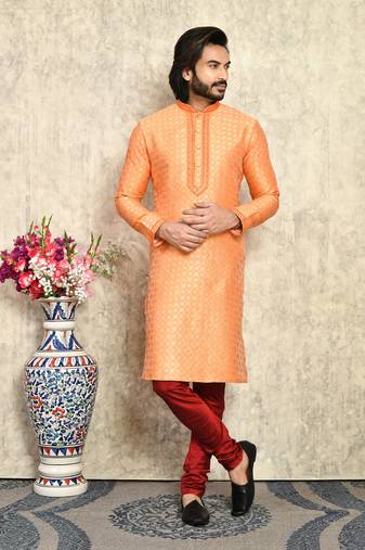 Rust embroidered art silk kurta pajama