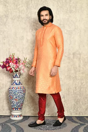 Rust embroidered art silk kurta pajama