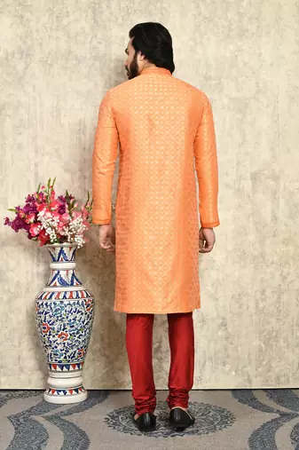 Rust embroidered art silk kurta pajama