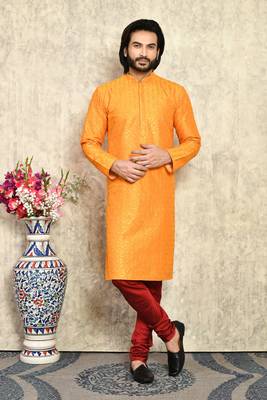 Yellow plain art silk kurta pajama 1