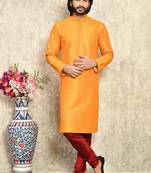 Yellow plain art silk kurta pajama