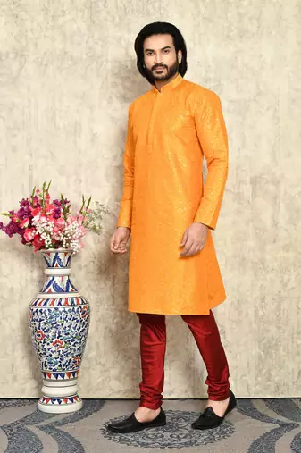 Yellow plain art silk kurta pajama