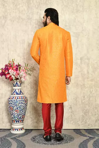 Yellow plain art silk kurta pajama