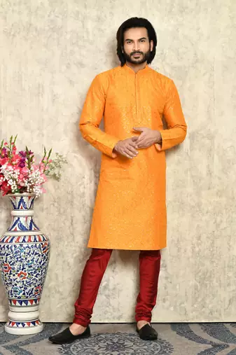 Yellow plain art silk kurta pajama