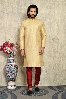 Gold plain art silk kurta pajama 1