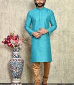 Turquoise plain art silk kurta pajama