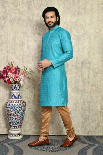 Turquoise plain art silk kurta pajama