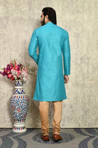 Turquoise plain art silk kurta pajama