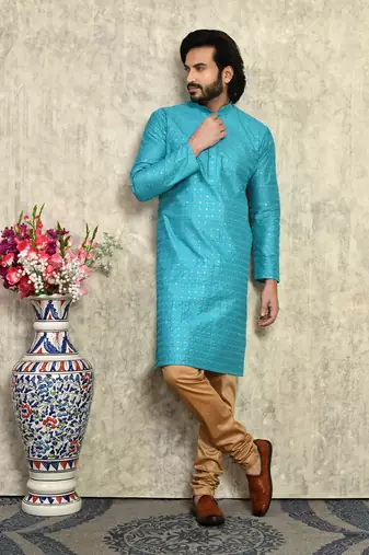 Turquoise plain art silk kurta pajama