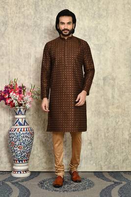 Chocolate plain art silk kurta pajama 1