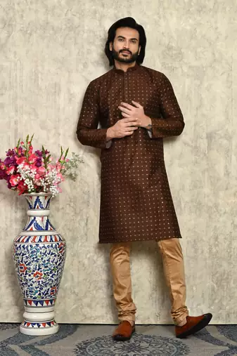 Chocolate plain art silk kurta pajama