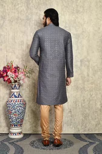 Grey plain art silk kurta pajama