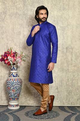 Blue plain art silk kurta pajama 2